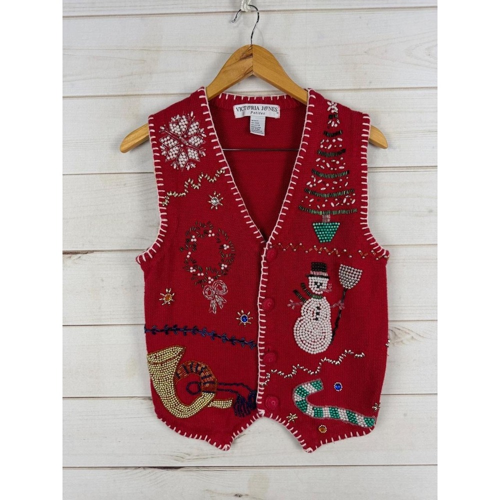 Victoria Jones Medium Petite Red Beaded Christmas Sweater Vest Snowman Tree